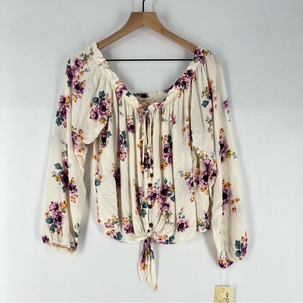 Rewind Floral Print Off The Shoulder Button Front Tie Front Long Sleeve Top